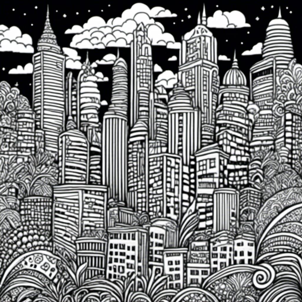 Detailed Cityscape Coloring Page in Zentangle Style