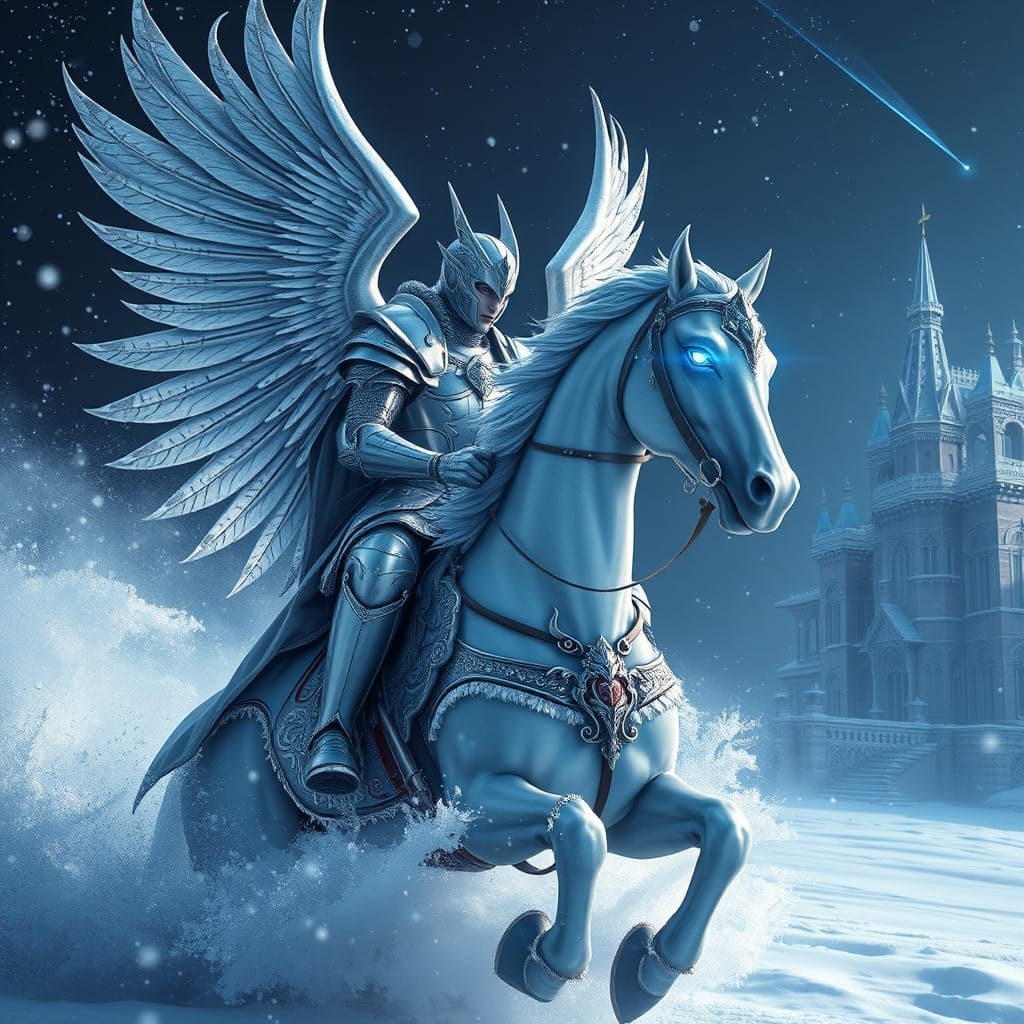 Cyberpunk Silver Knight Charging Through a Blizzard