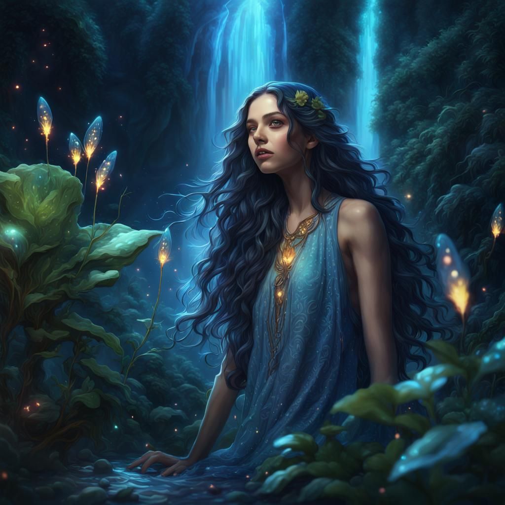 Magical Galaxy Plant with Waterfall and Fireflies