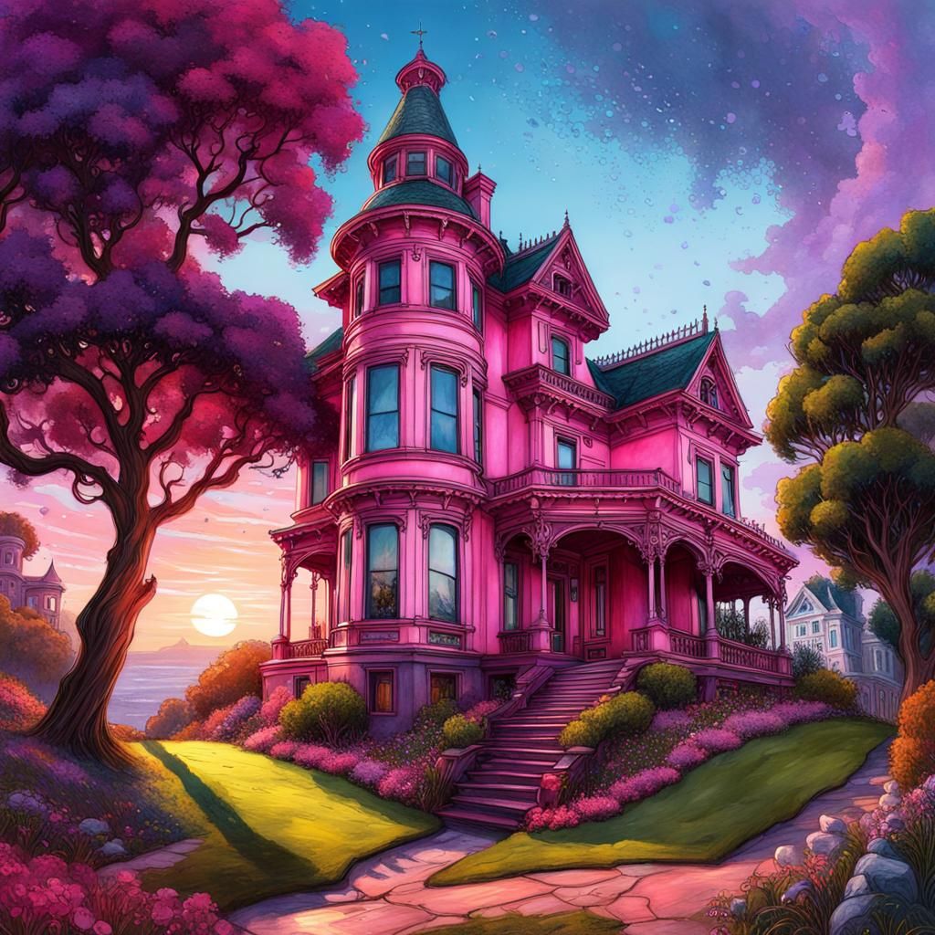 Pink Victorian Mansion with Decorated Tree, Splash Art