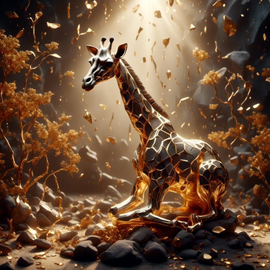 Golden Kintsugi Giraffe Amidst Volcanic Rock