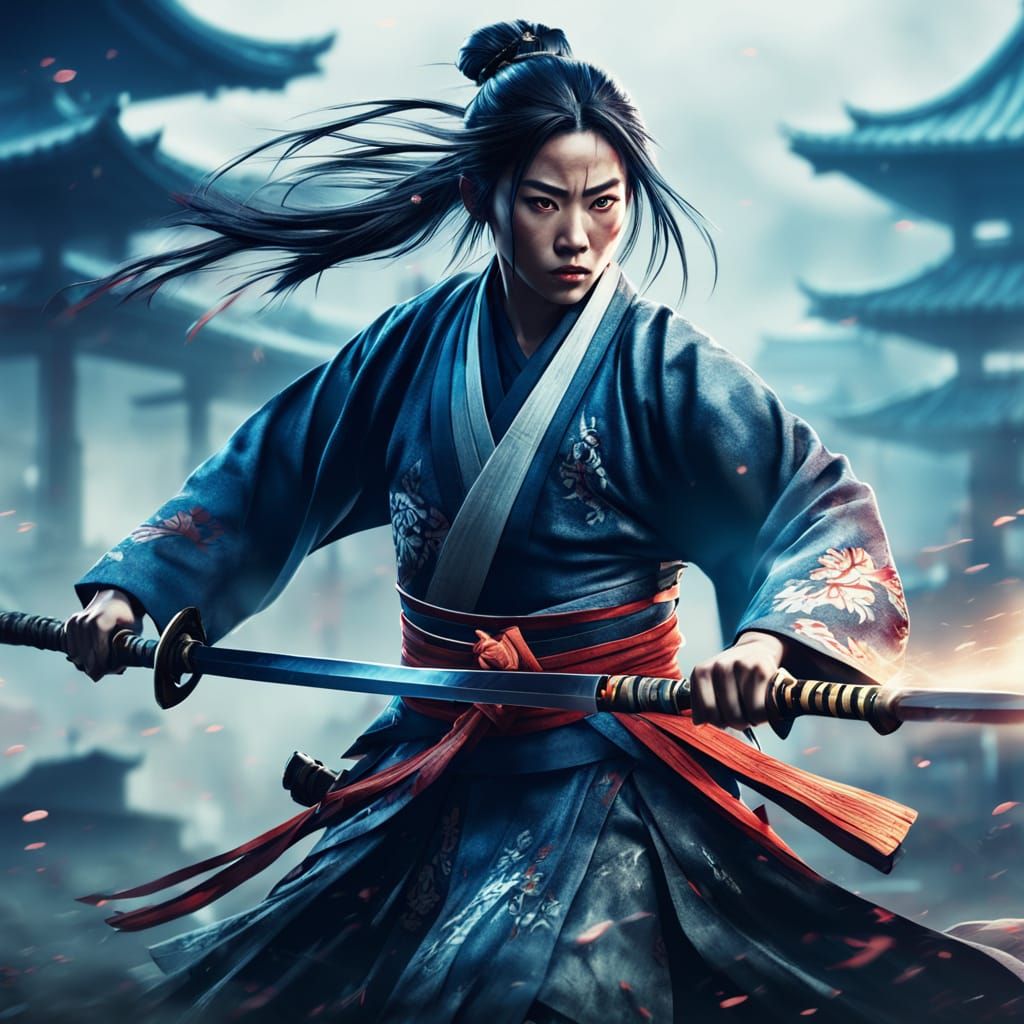 Samurai Woman in Dynamic Battle Pose
