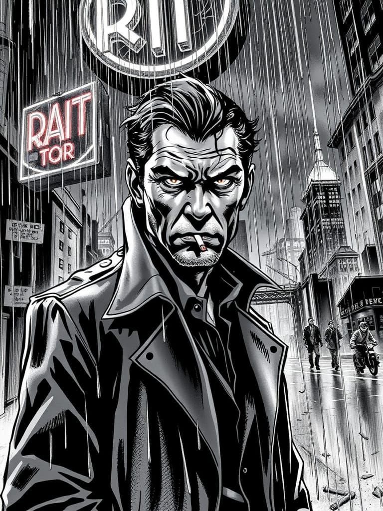 Noir Detective in Rain: Comic Cover Art