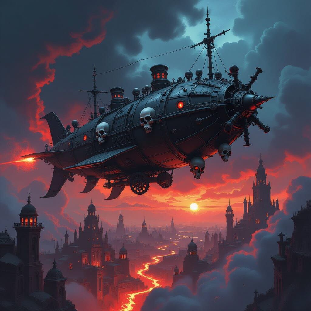 Demonic Airship Soaring Through Hellscape in Digital Paintin...