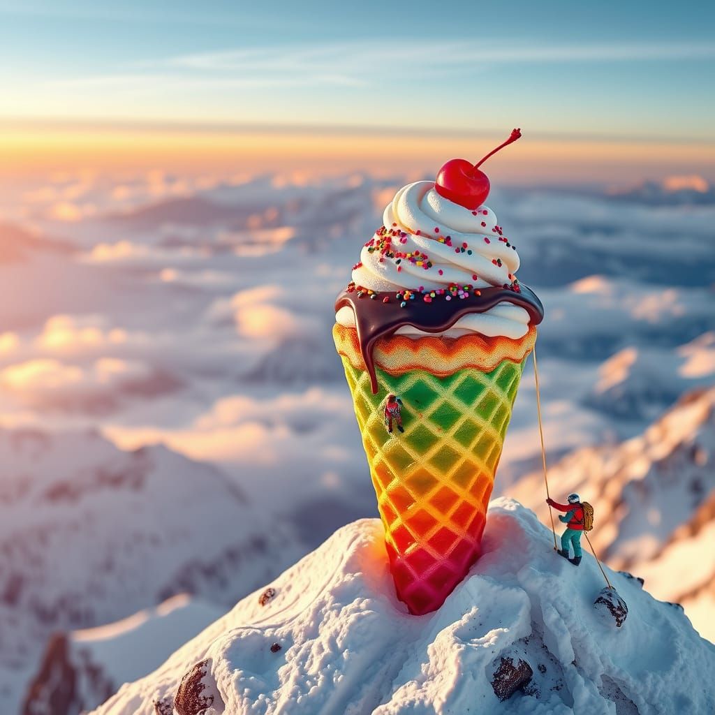 Rainbow Ice Cream Mountain Climb: Whimsical Surrealism