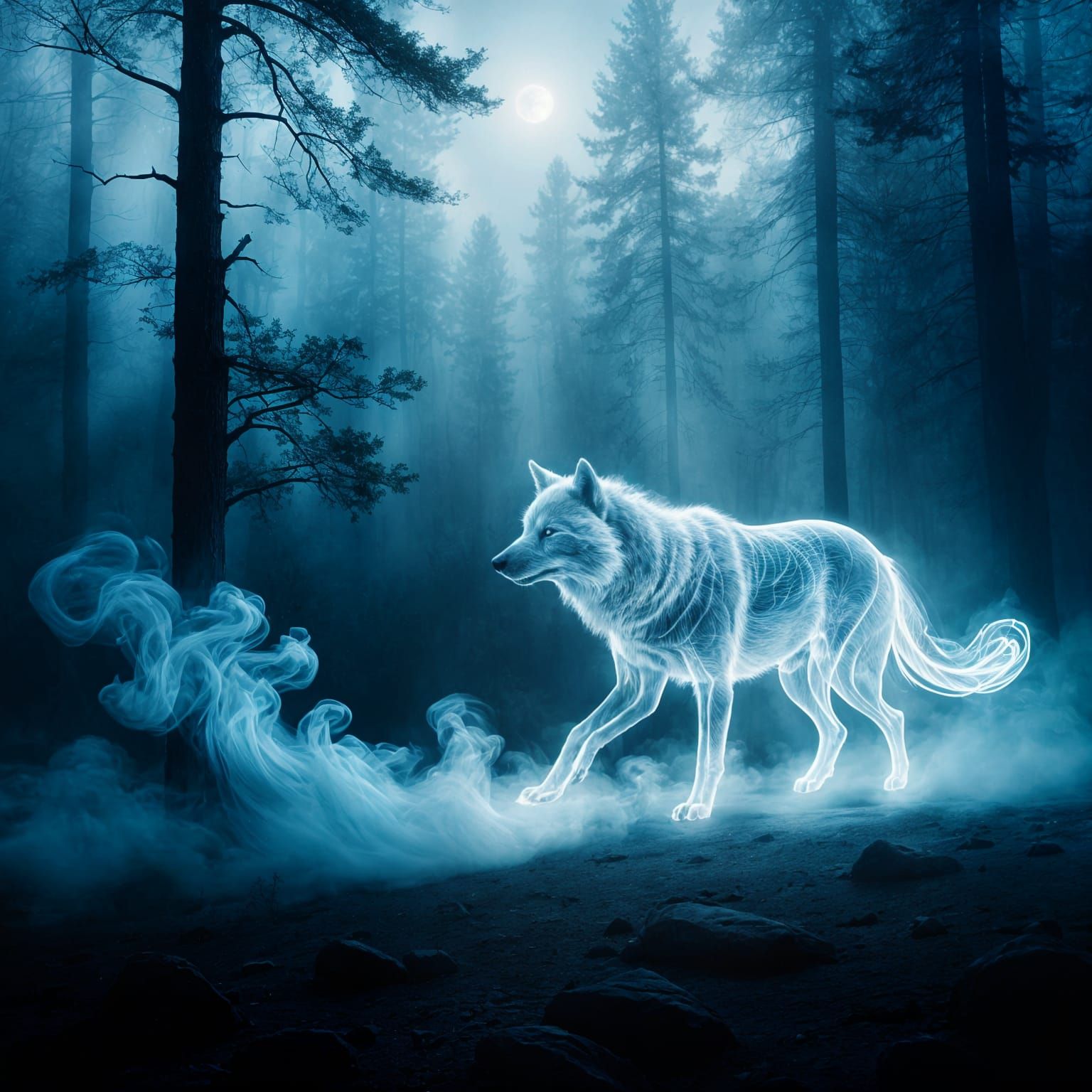 Ethereal Smoke Wolf Projection in Dreamscape Forest