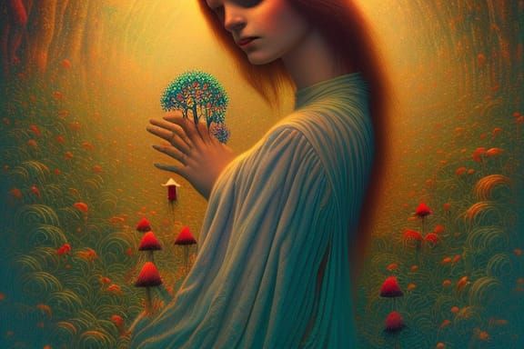 Pilgrim Woman in a Fairytale Magic Realism Scene