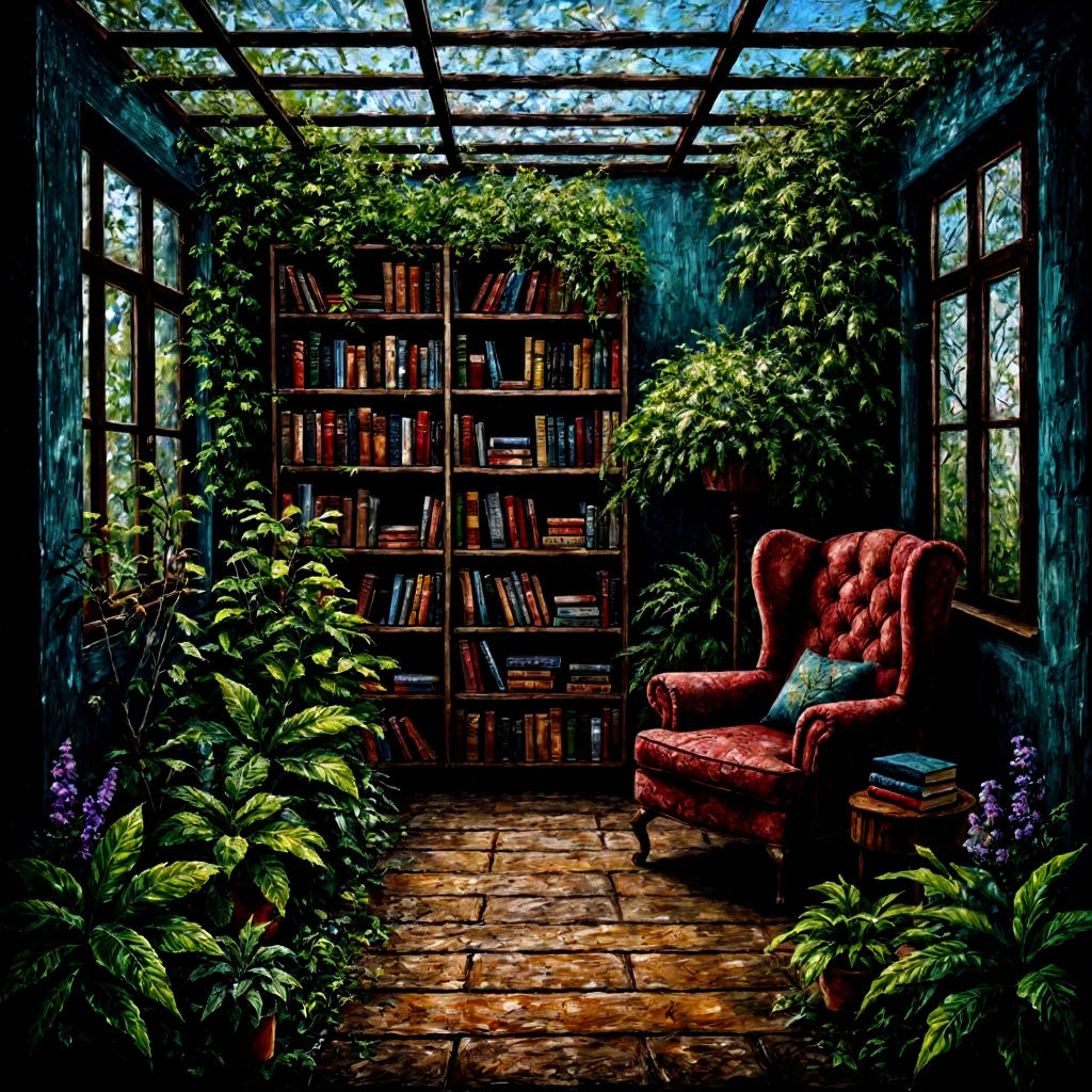 Lush Garden Library in Impasto Oil Pastel