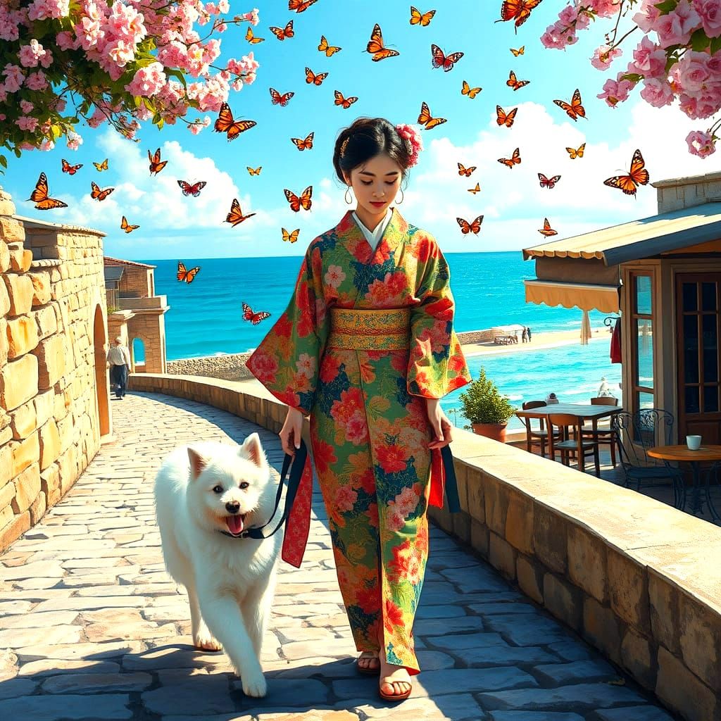 Japanese Woman Surrounded by Colourful Butterflies in a Medi...