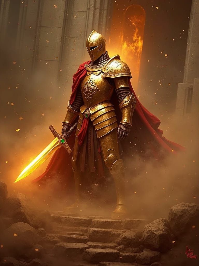 Medieval Knight Guarding Castle Gate at Dawn