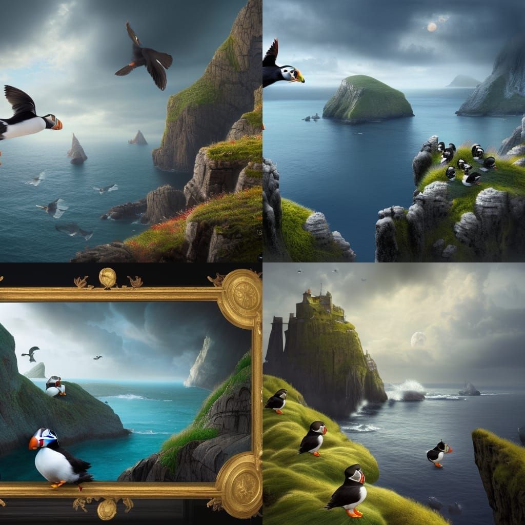 Epic Puffins in Dramatic Digital Painting