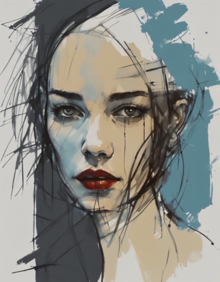 Vivid Line Art Portrait in Ink on Paper, Inspired by Guy Den...