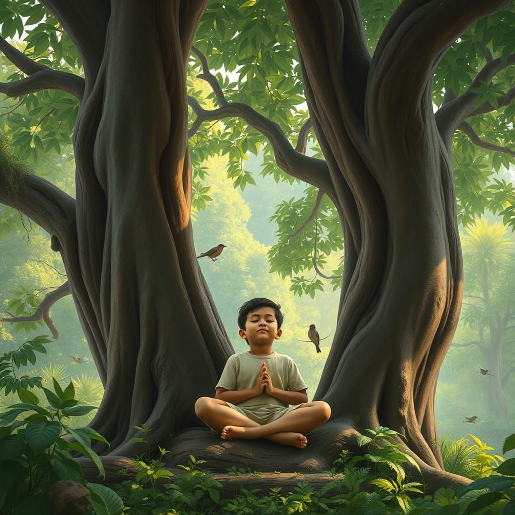 Serenely Meditating Boy Connects with Nature's Symphony