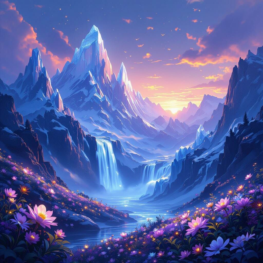 Crystal Ice Mountains in Twilight Sky