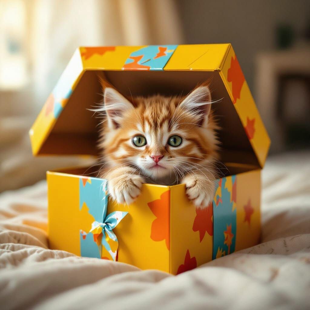 Cute Kitten Peeks from Gift Box in Cinematic Film Still