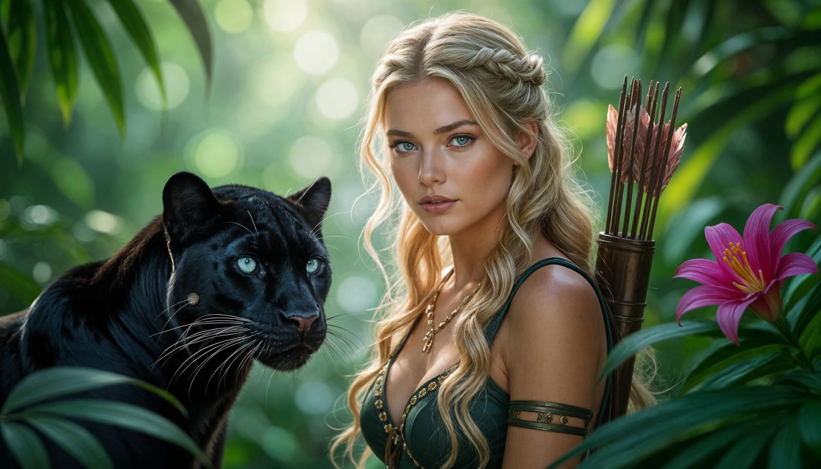 Blond hair, blue eyes, Godess artemis and her Black panther ...