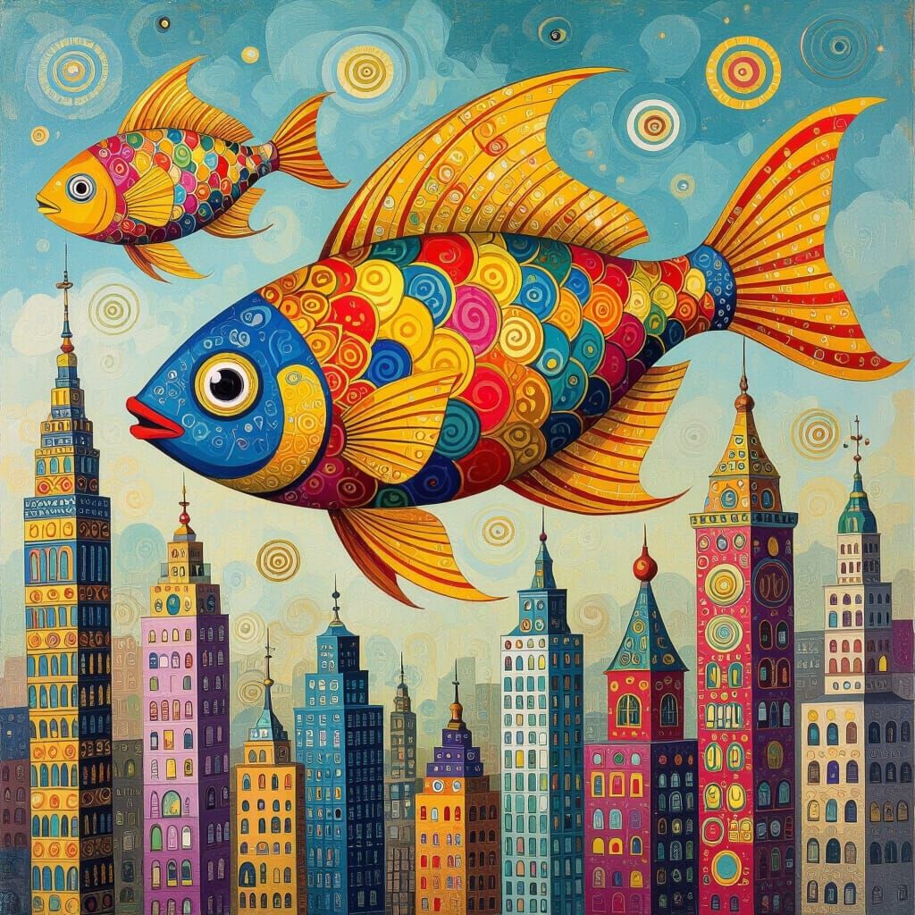 Fish Dancing Above Skyscrapers in Hundertwasser Style