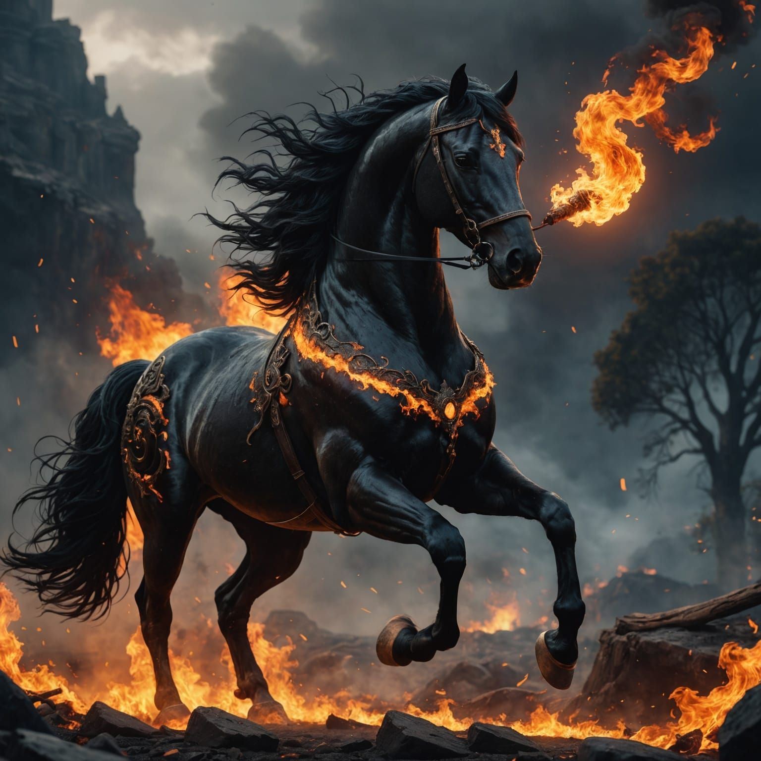 Fiery Black Horse: Fantasy Concept Art