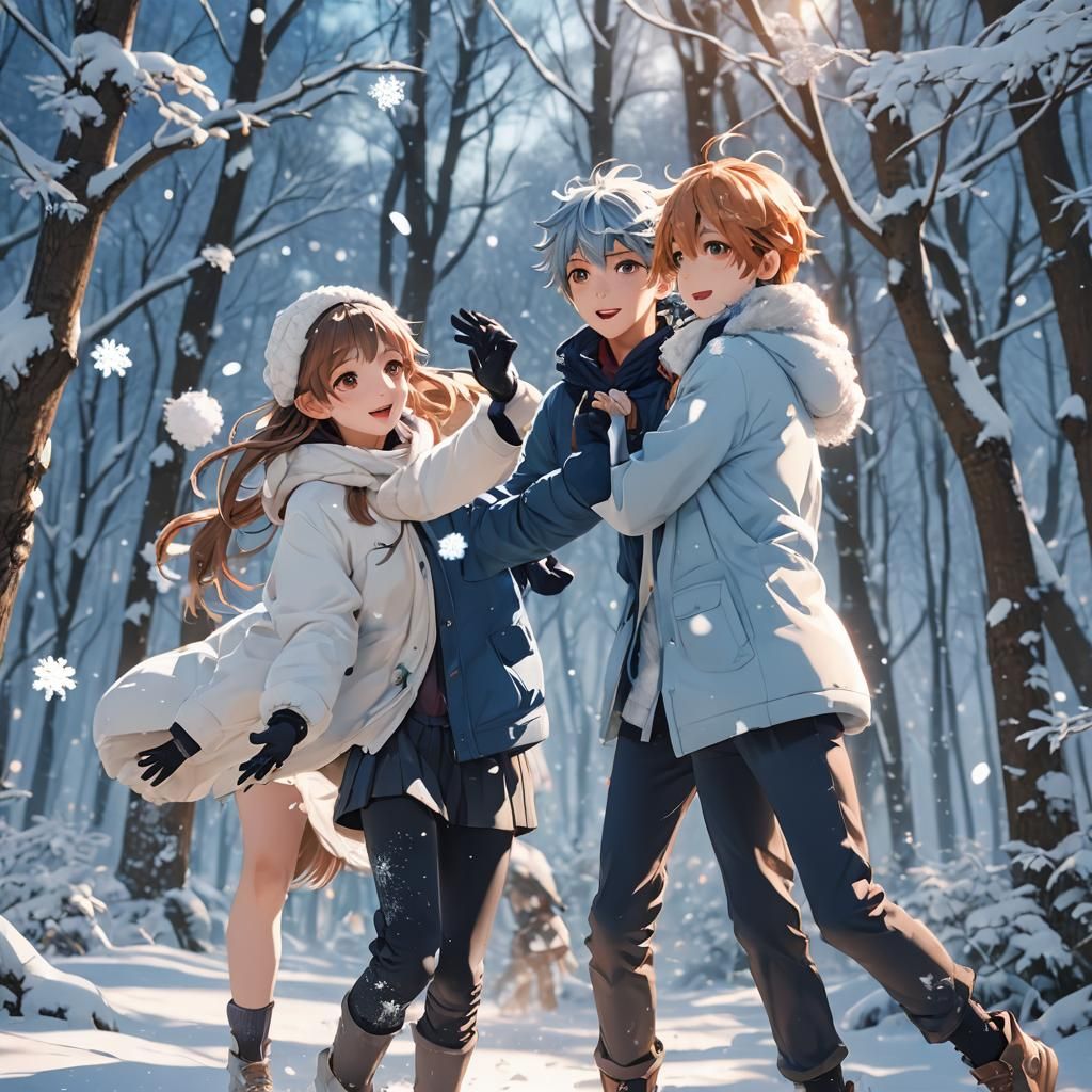 Anime Snowball Fight in Winter Forest