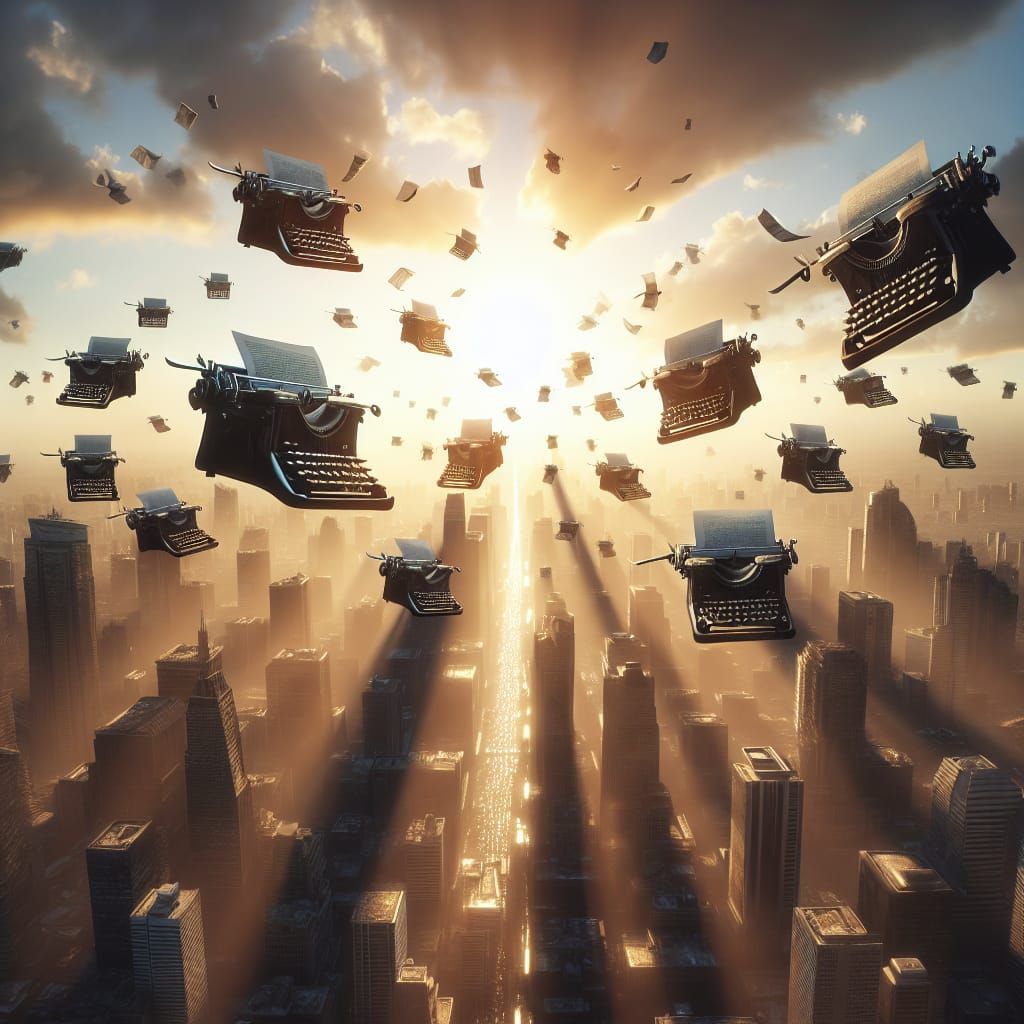 Vintage Typewriters Defy Gravity in Hyper-Realistic Cityscap...