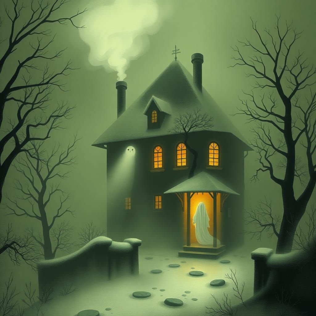 Misty Mansion with Ghosts in Fantasy Style