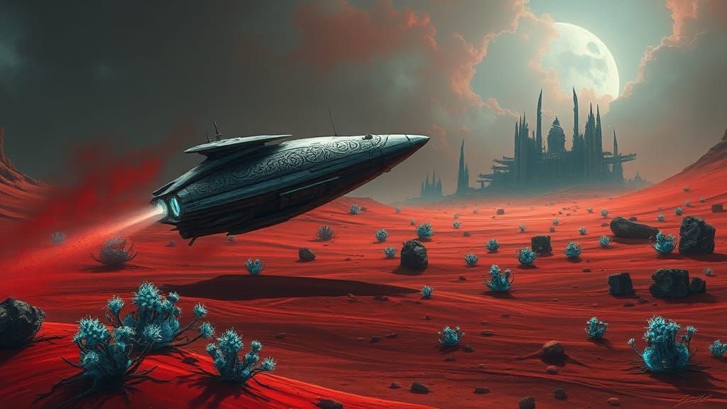 Spaceship on Alien Planet in Gothic Fantasy Style