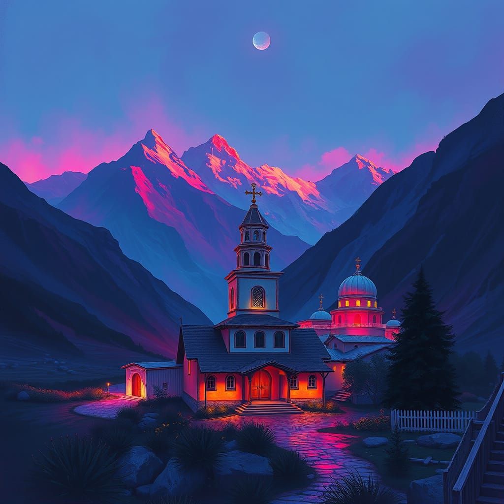 Roussanou Monastery in Greece with Cyberpunk Neon Aesthetic