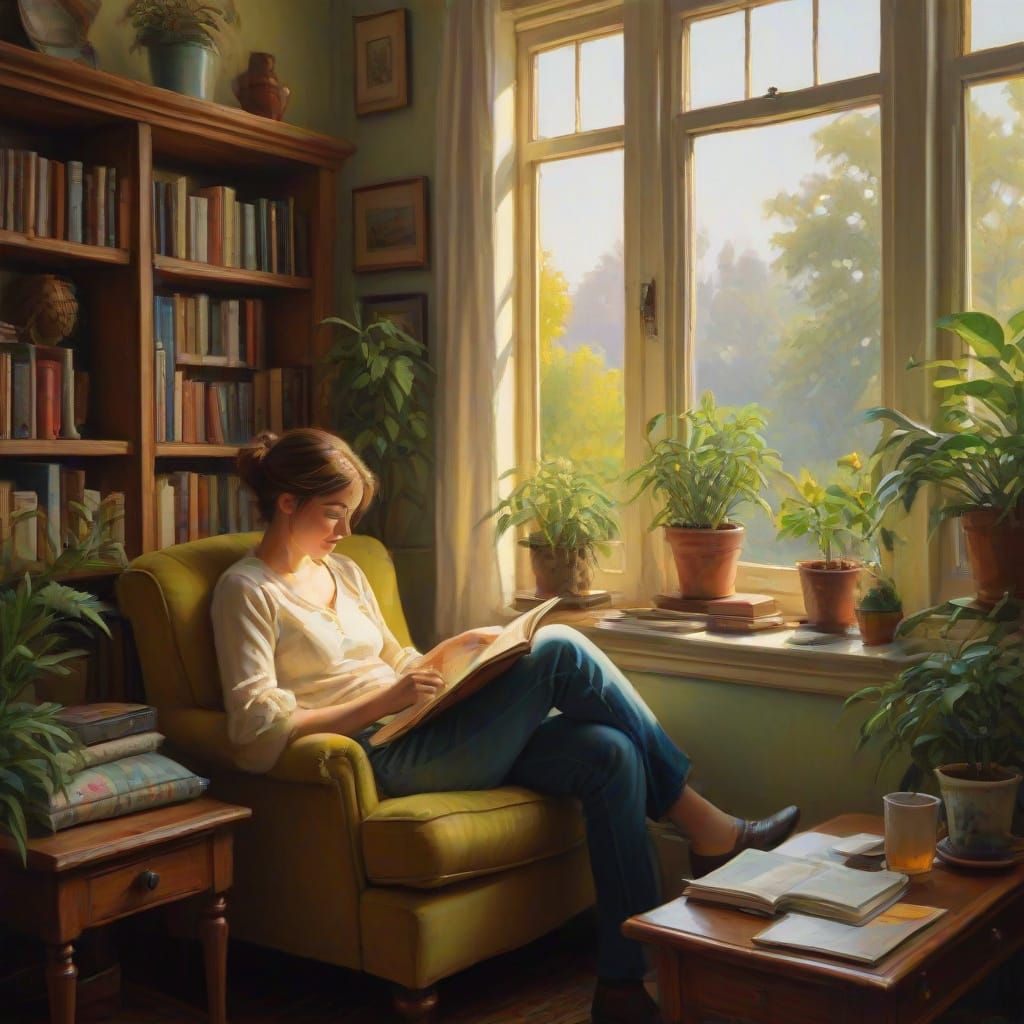 Cozy Reading Nook in Oil Painting Style