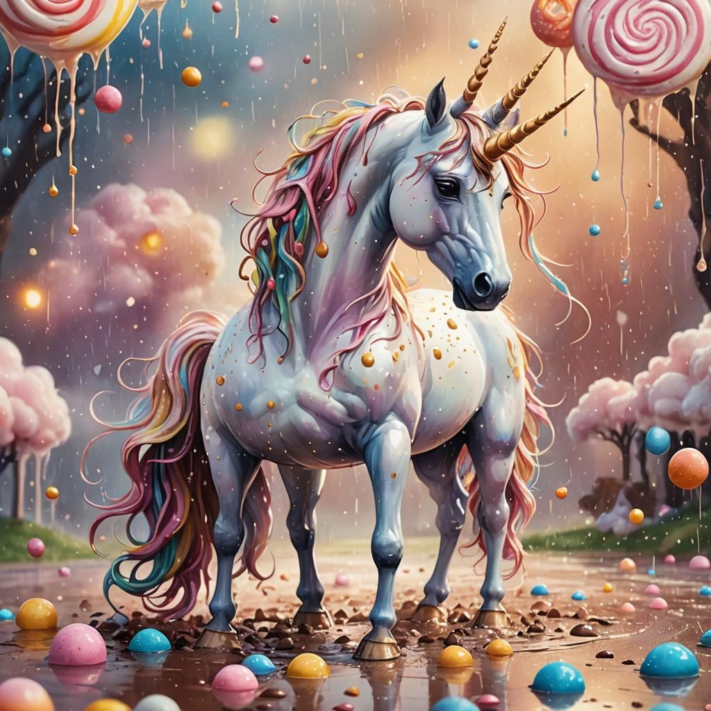Unicorn in Chocolate Rain: Whimsical Watercolor Fantasy