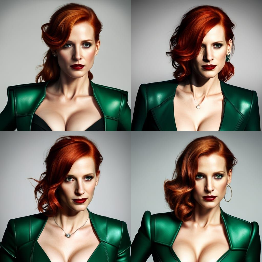 Jessica Chastain in Green Leather Outfit, Fantasy Art
