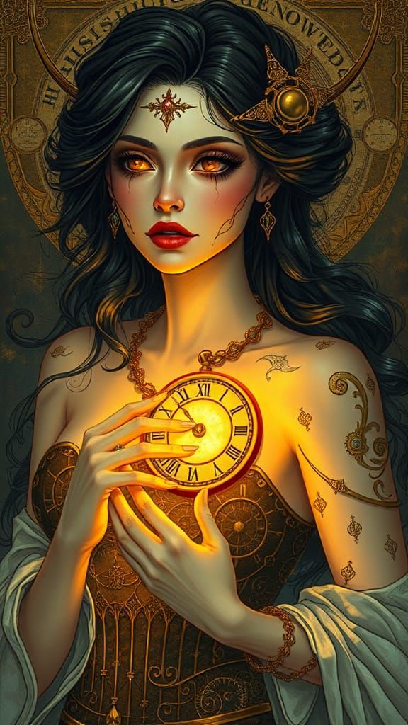 Seductive Lady with Golden Clockwork Spirit