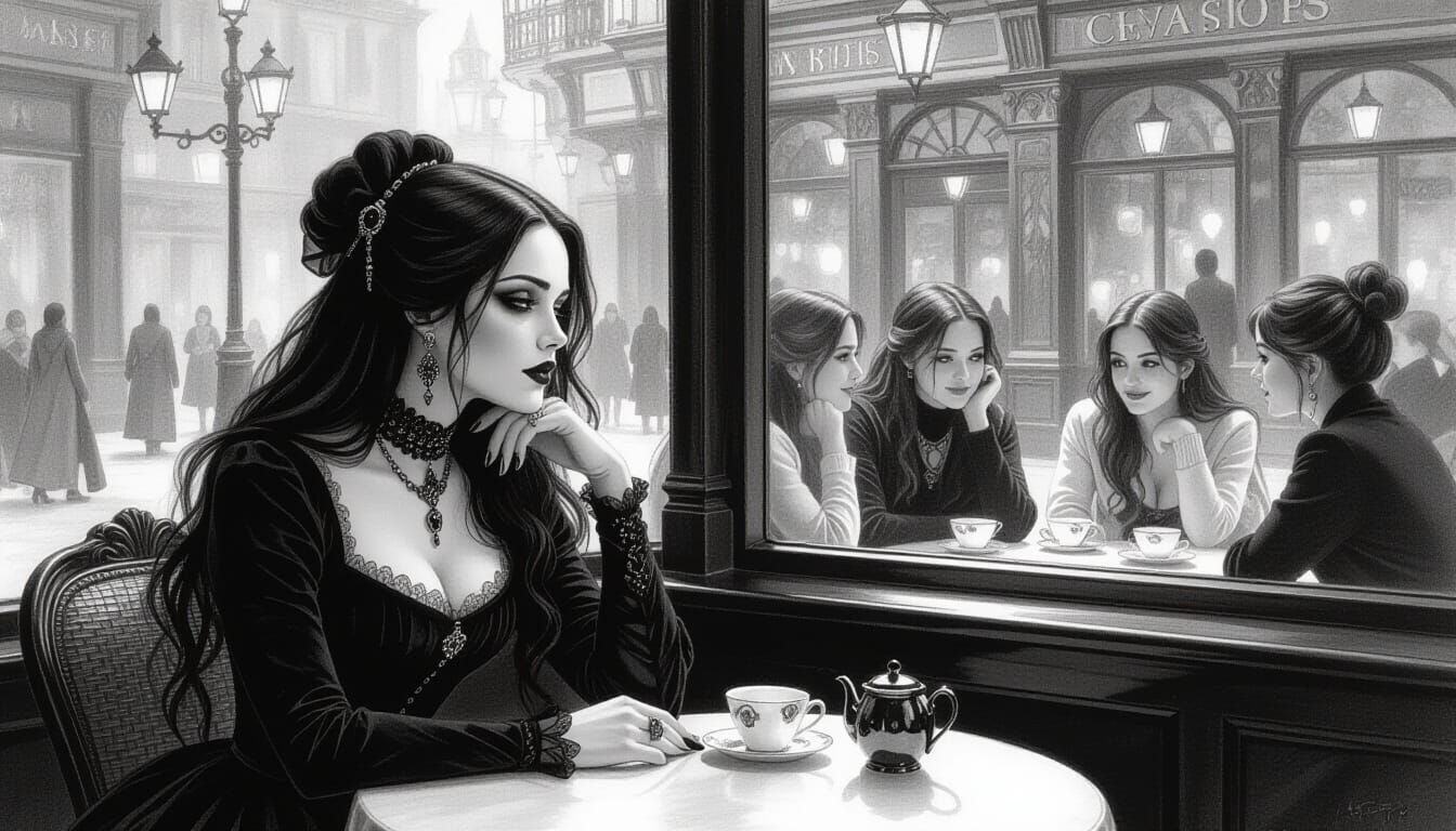 Melancholy Goth Widow in Opulent Cafe