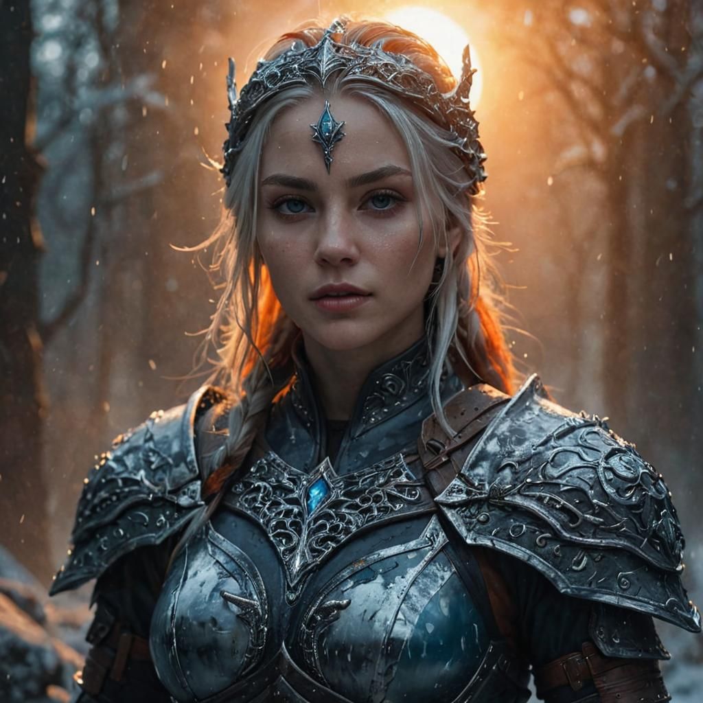 Icy Helmet Woman with Swords: Dark Fantasy Art