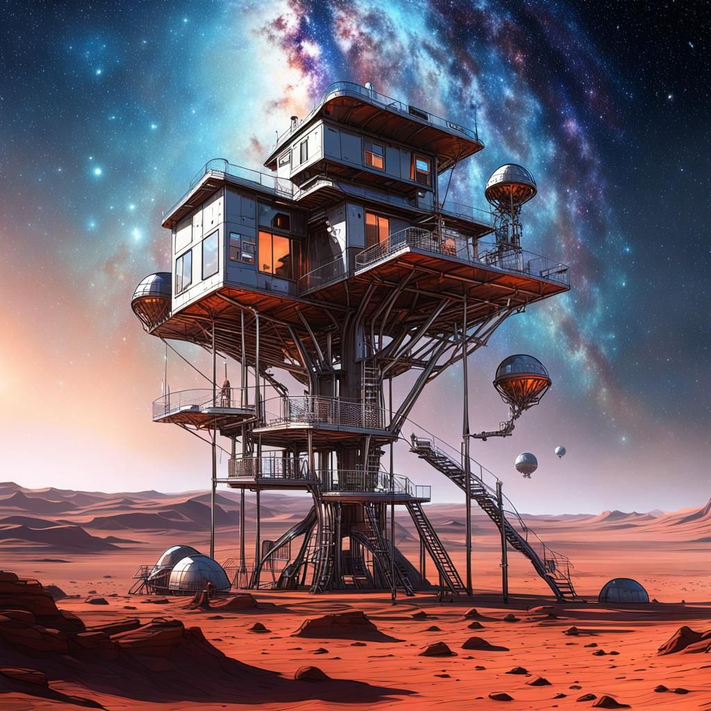 Futuristic Metal Treehouse on Alien Planet
