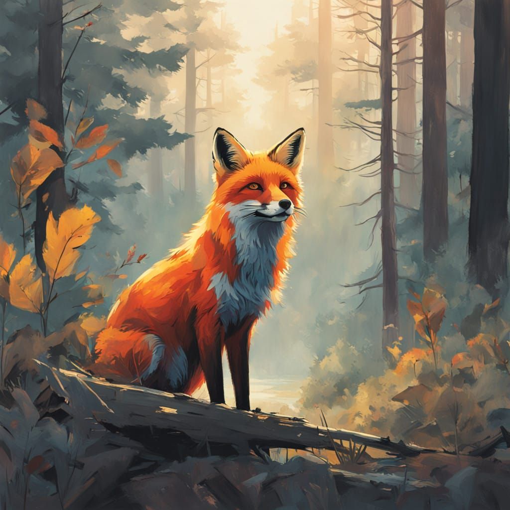 Whimsical Forest Fox Double Exposure in Dreamlike Style