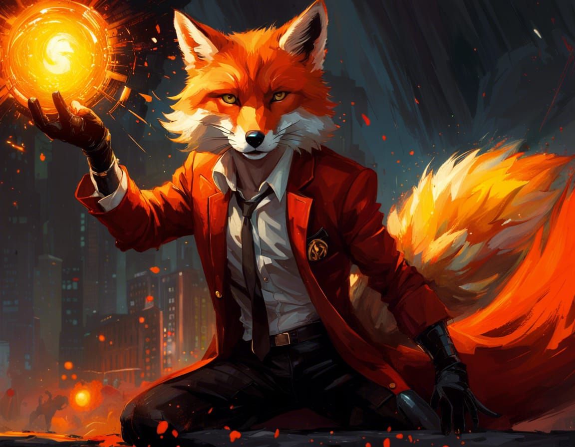 Anthropomorphic Fox Superhero Manipulating Fire