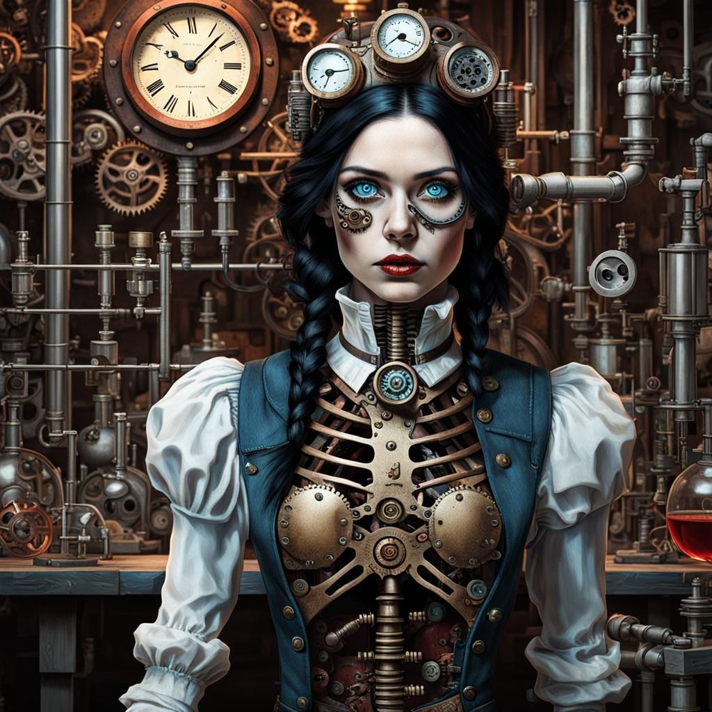 Steampunk Skeleton Girl in Sinister Lab