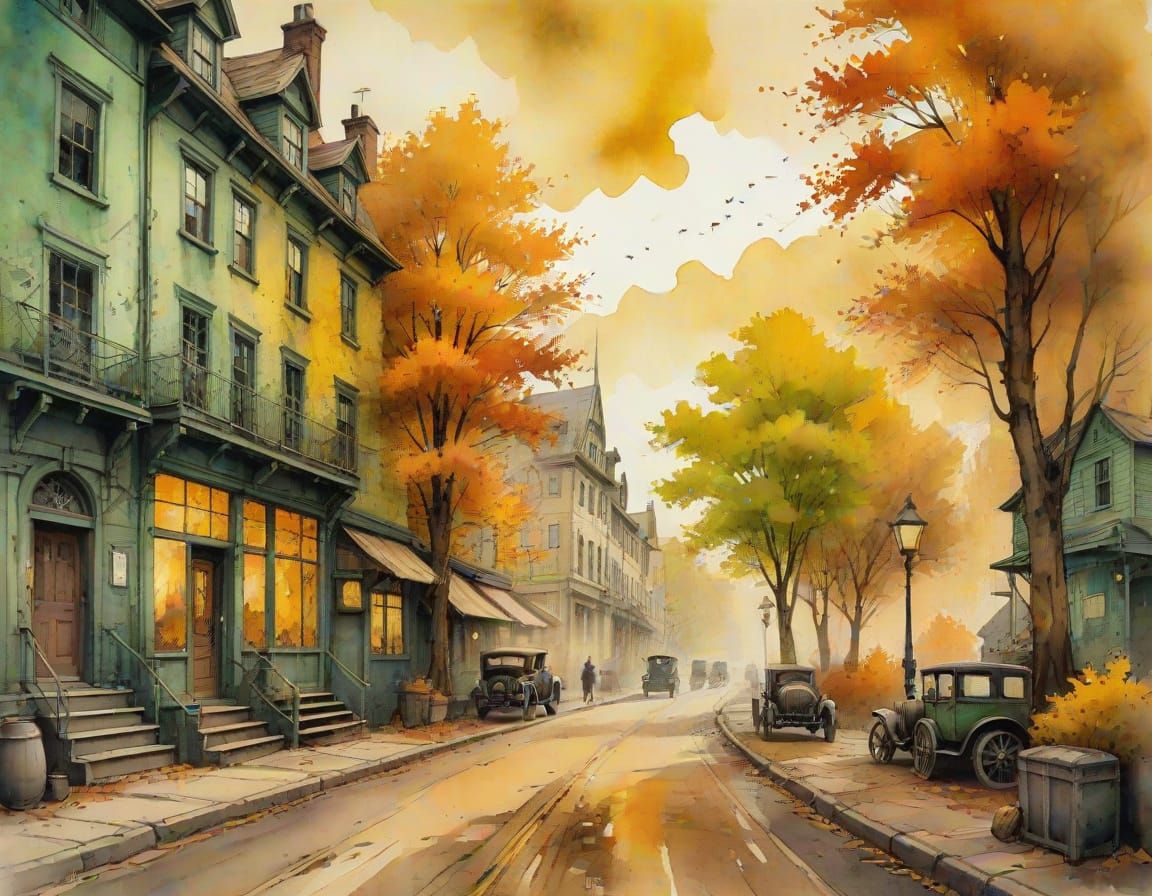 Watercolor Landscape of Fall in Vermont with Steampunk Eleme...