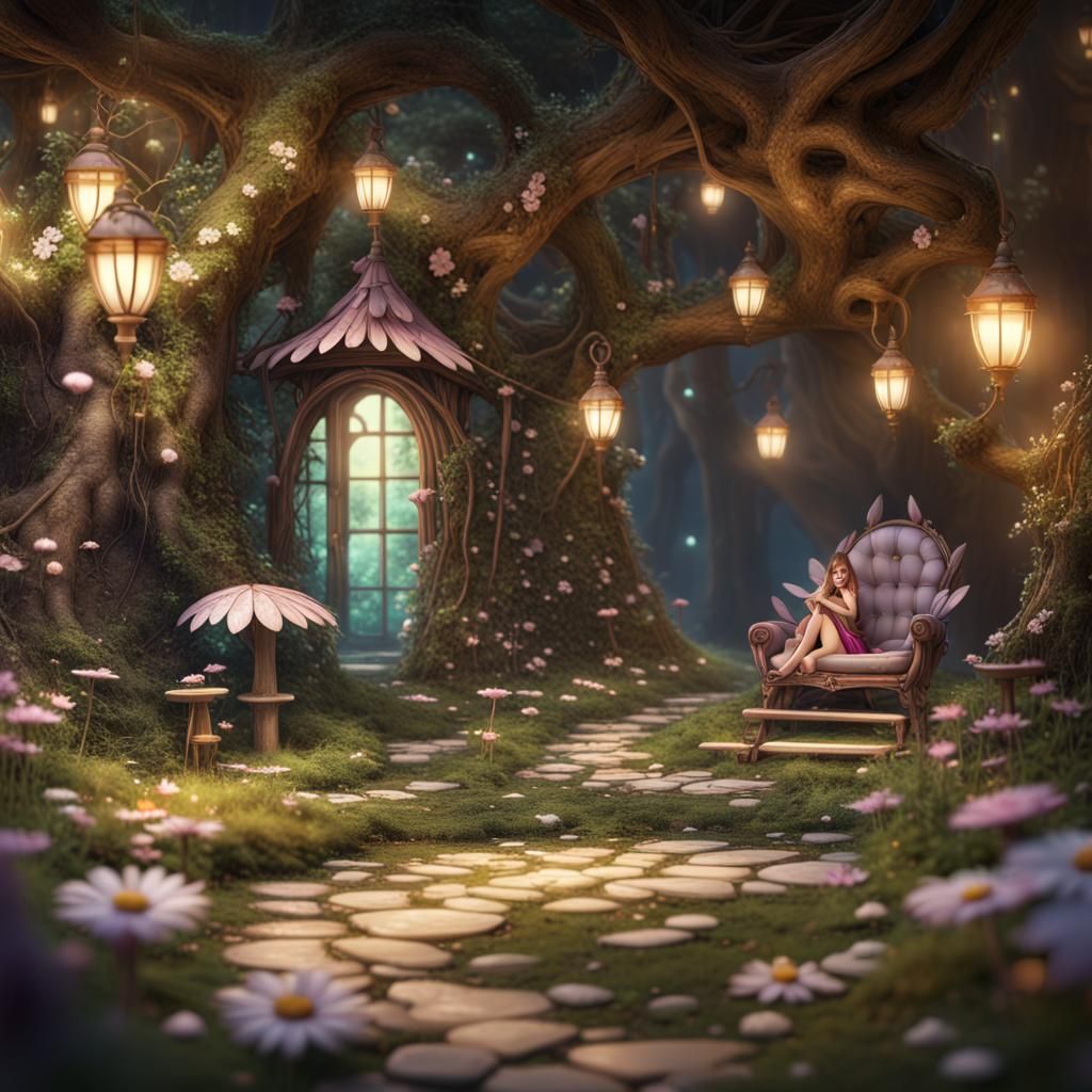 Fairy Village with Daisy-Chair in Woods