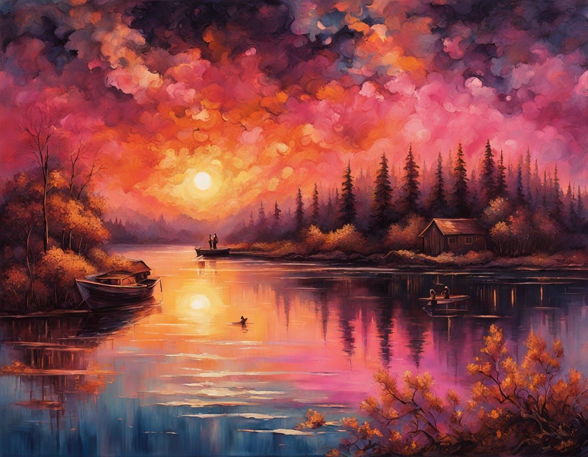 Fantasy Lakeside Sunset with Glowing Boats, Oil Painting