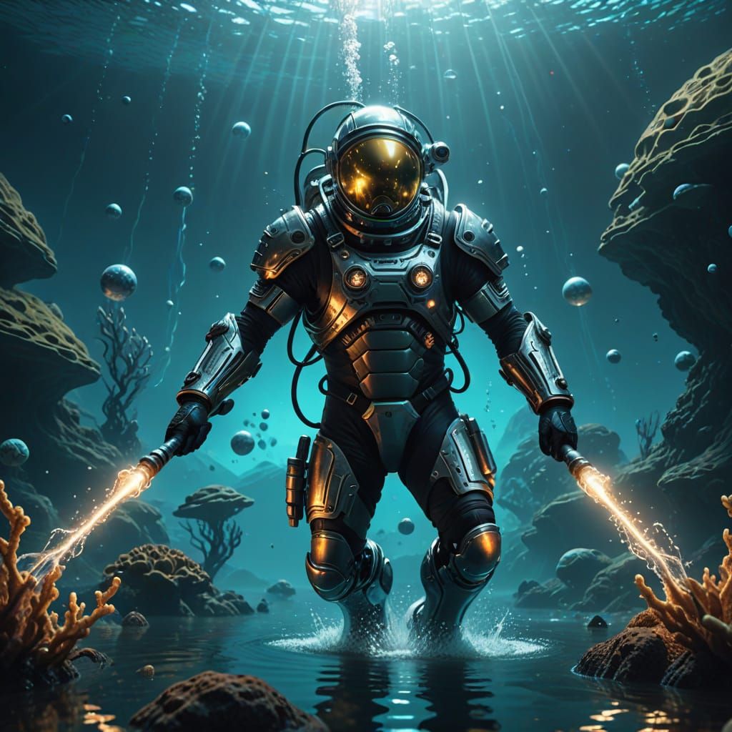 Astronaut Underwater on Alien Planet with Glowing Staff