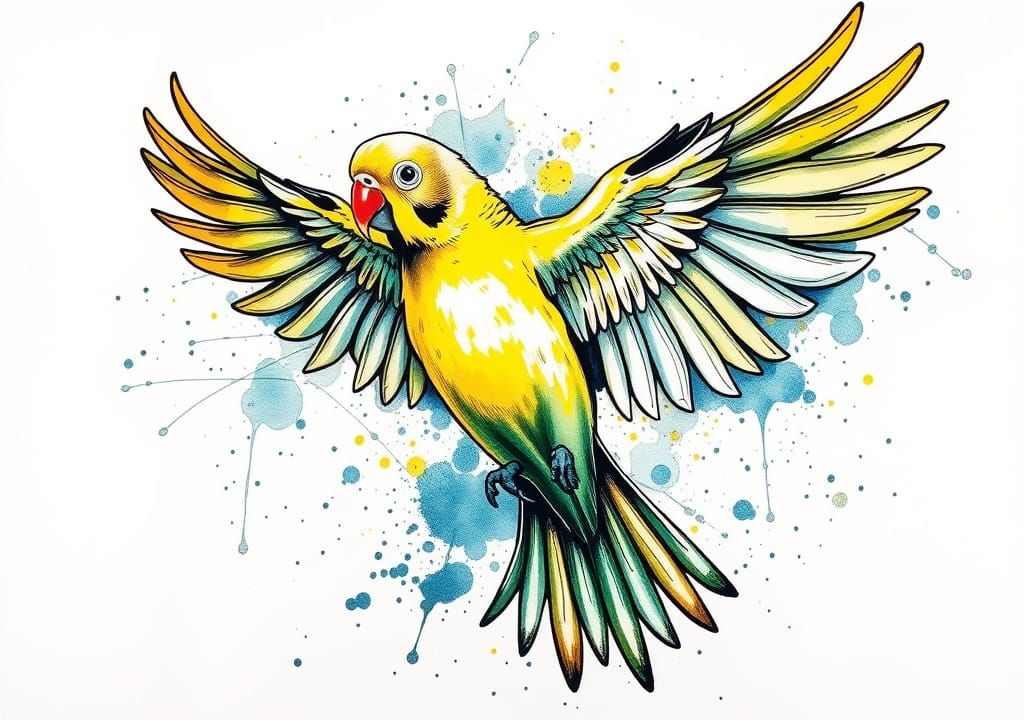 Parakeet in Flight: Ink Splatter Art