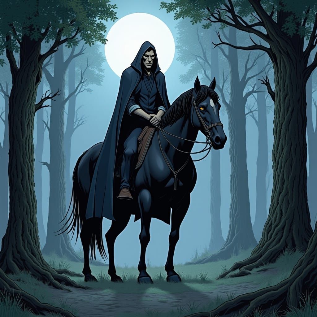 Ethereal Rider in Moonlit Forest: Ghibli-Inspired Art