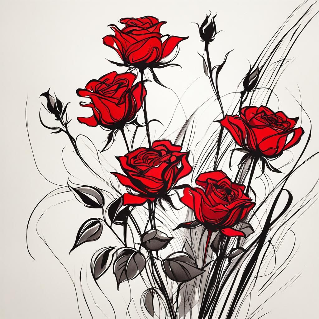 Minimalist Red Roses Ink Sketch in Abstract Style