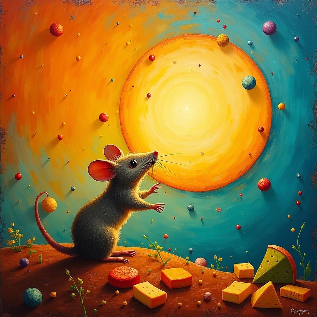 Whimsical Mouse Reaching for Cheese Moon
