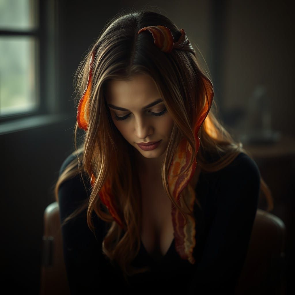 Woman with Crispy Bacon Hair in Moody Portrait
