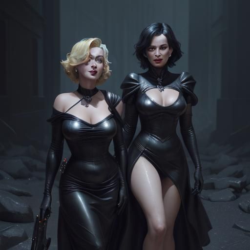 Marilyn Monroe and Catherine Bell in Leather Gowns
