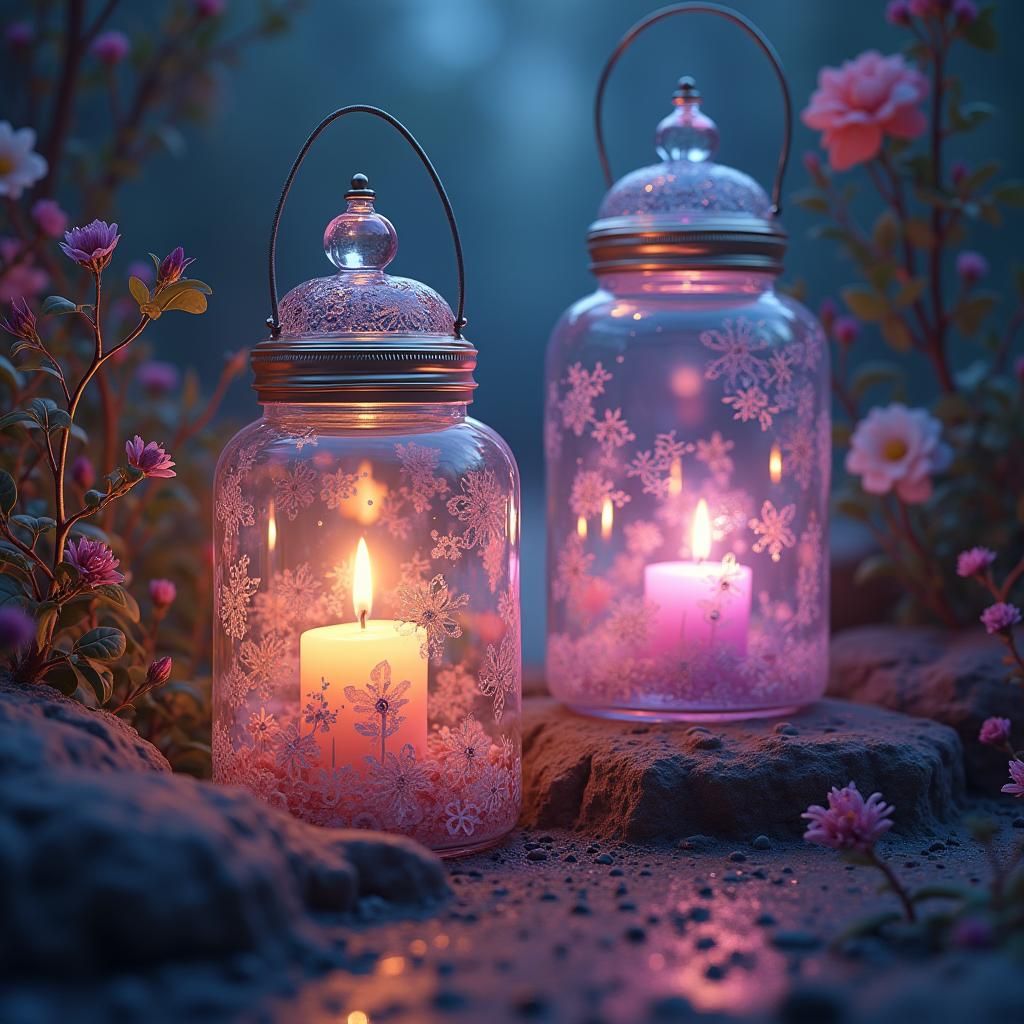 Ornate Jars with Pastel Candles in Dreamlike Setting