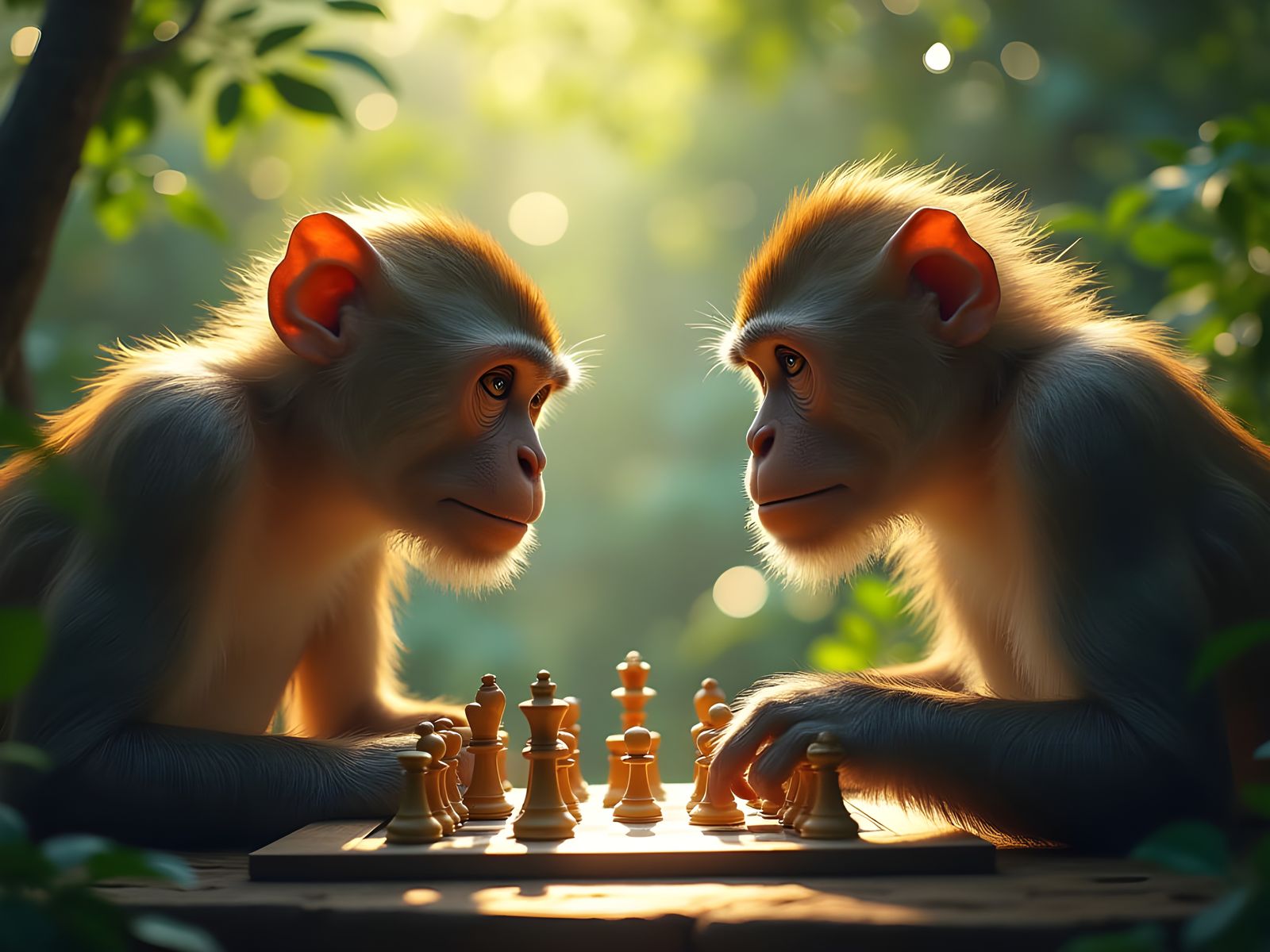 Monkeys Play Chess in Lush Jungle, Hyperrealistic Splash Art