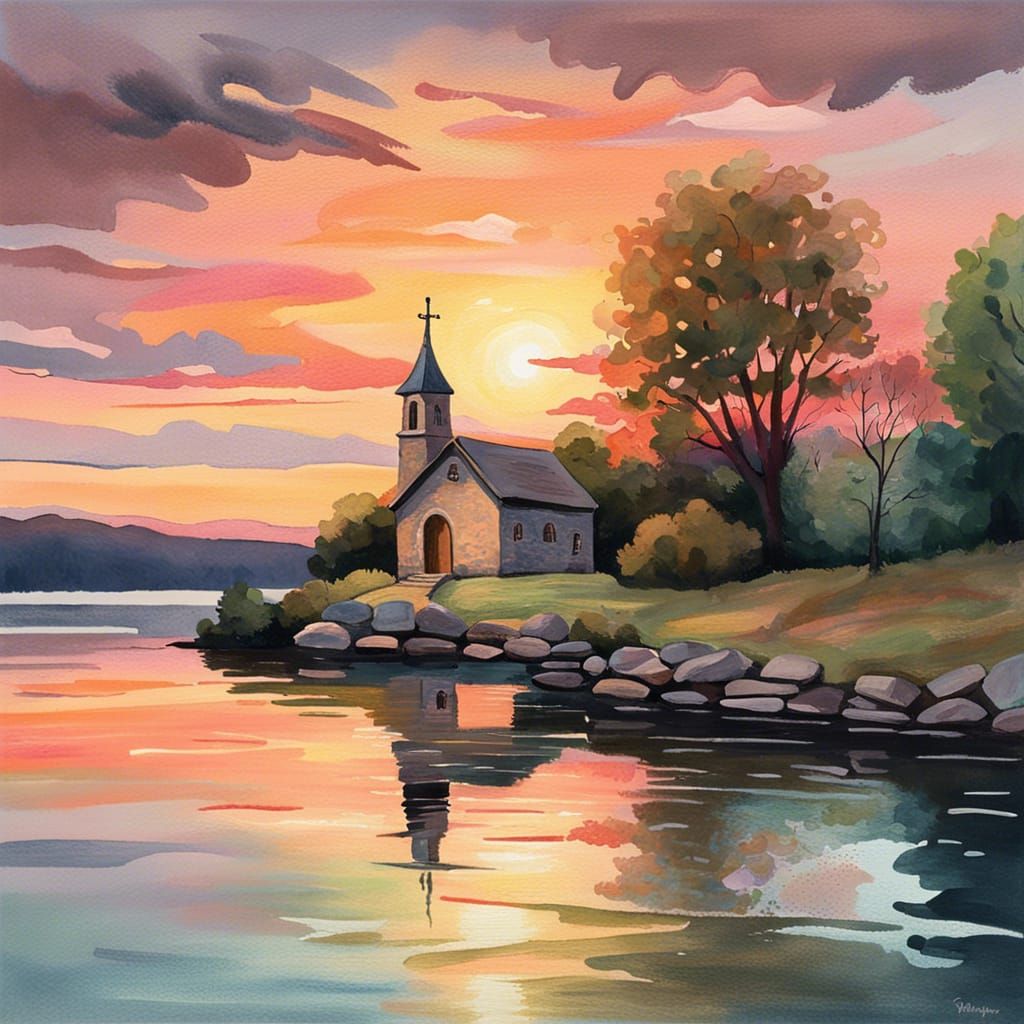 Riverside Chapel in Impressionist Gouache Style